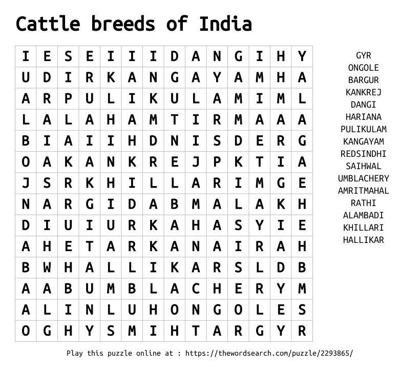 Word Search on Cattle breeds of India