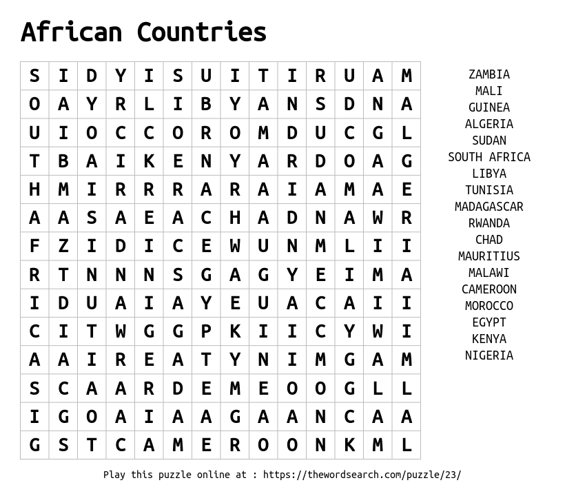 africa tour word search