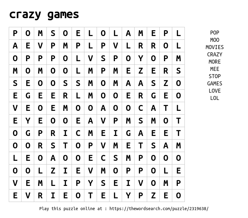 Crazy Games Word Search