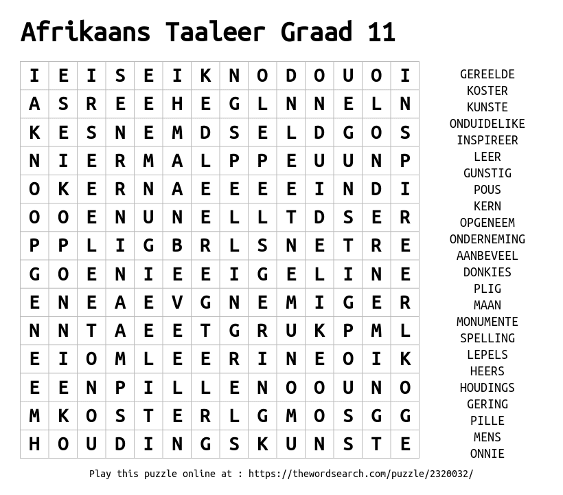 Download Word Search On Afrikaans Taaleer Graad 11