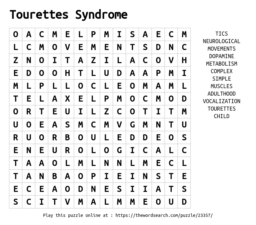 Word Search on Tourettes Syndrome