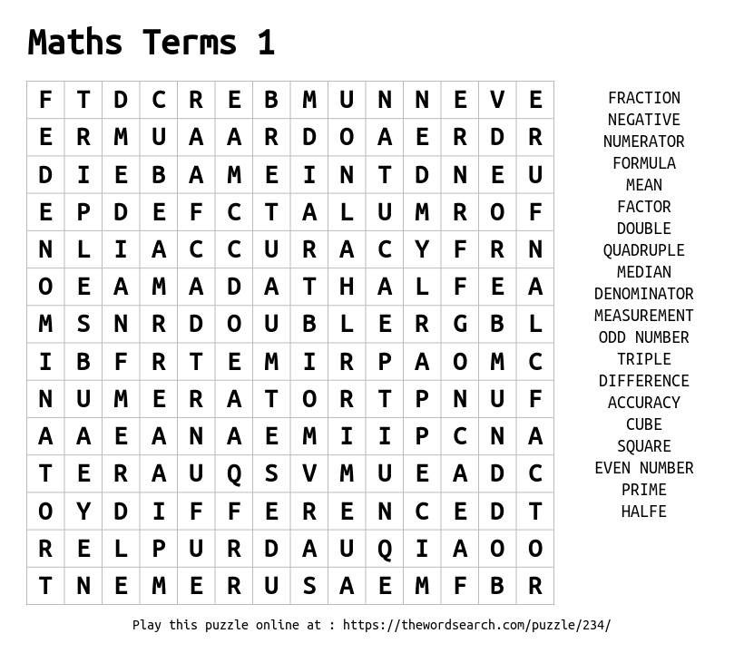 Word Search on Maths Terms 1