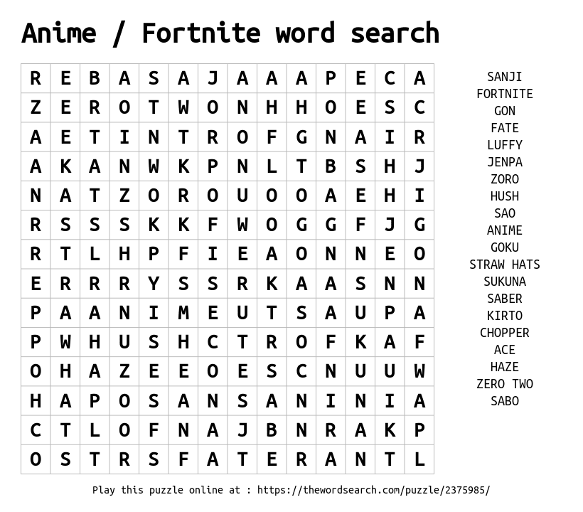 Download Word Search on Anime  Fortnite word search