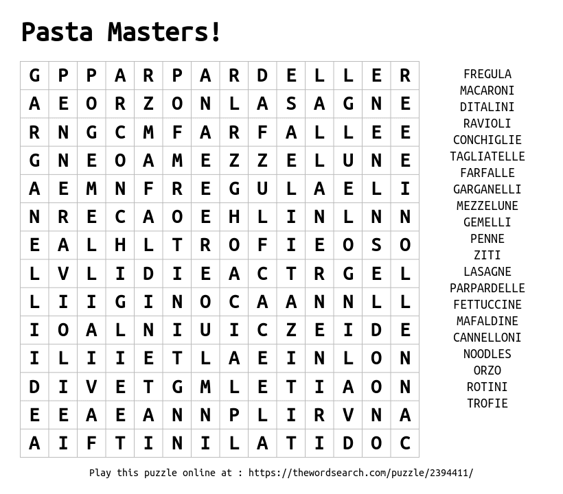 its pasta time word search