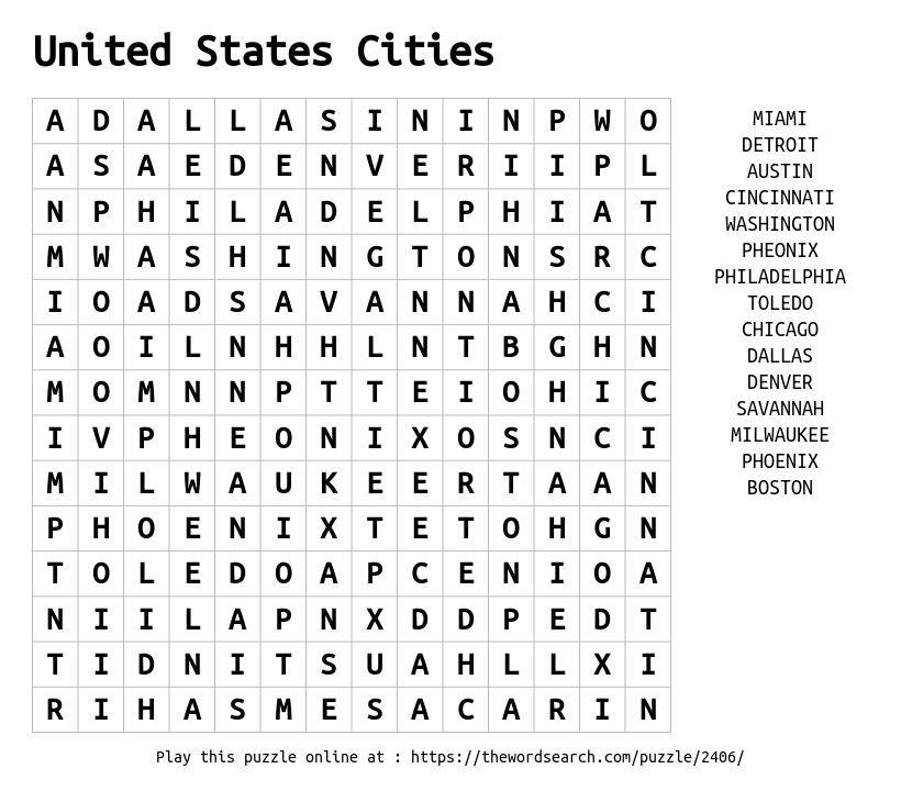 Download Word Search On United States Cities