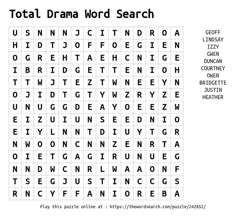 Download Word Search On Total Drama Word Search