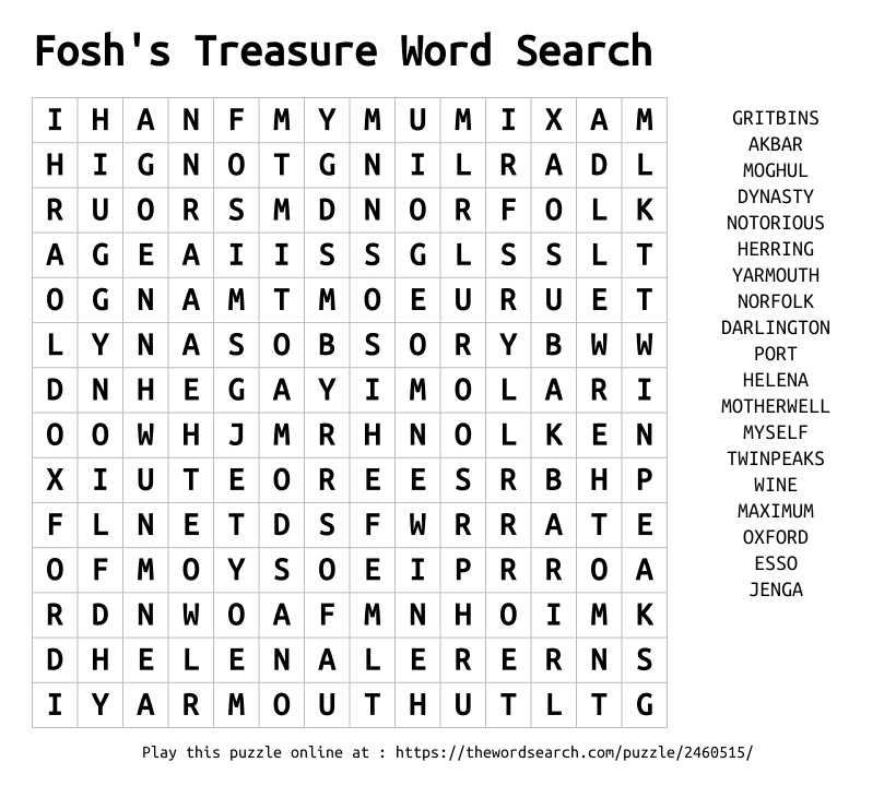 Word Search on Fosh's Treasure Word Search