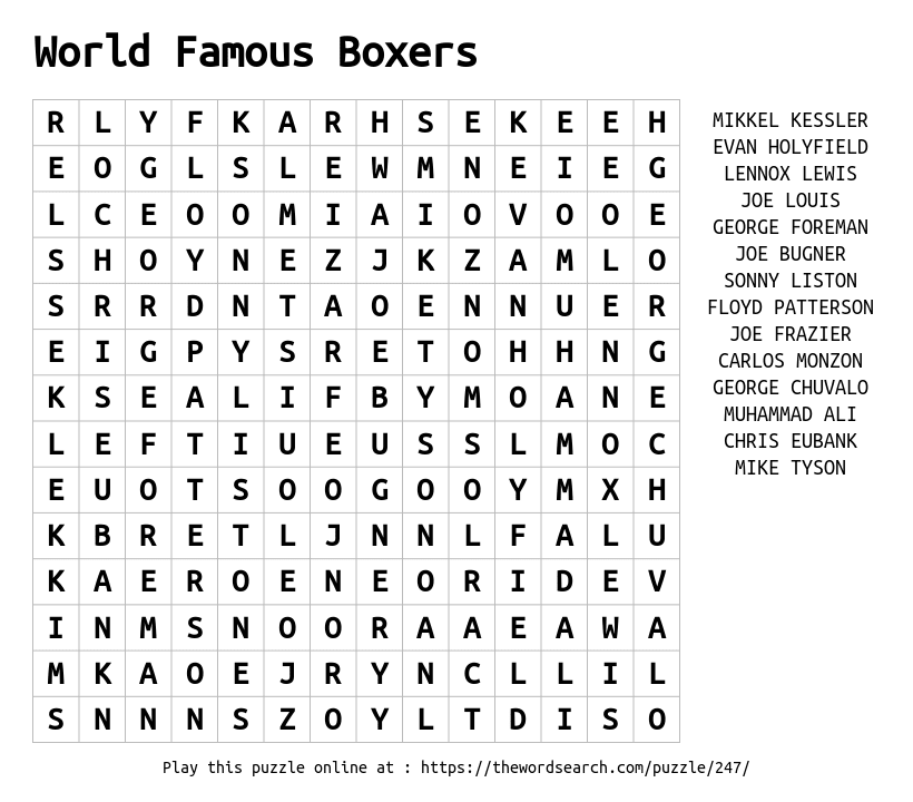 Word Search on World Famous Boxers