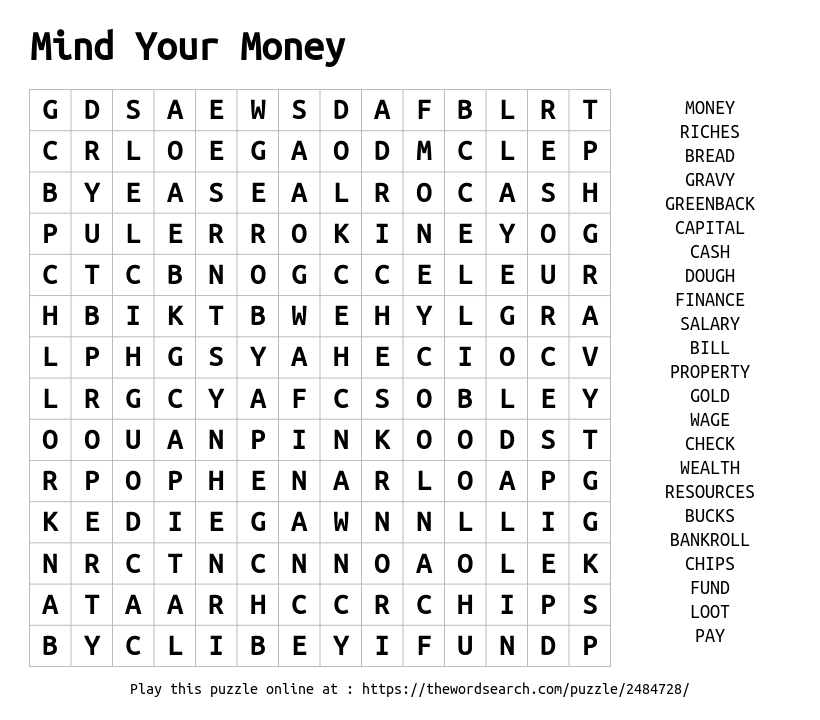 Money, Free Word Search Puzzle Worksheets