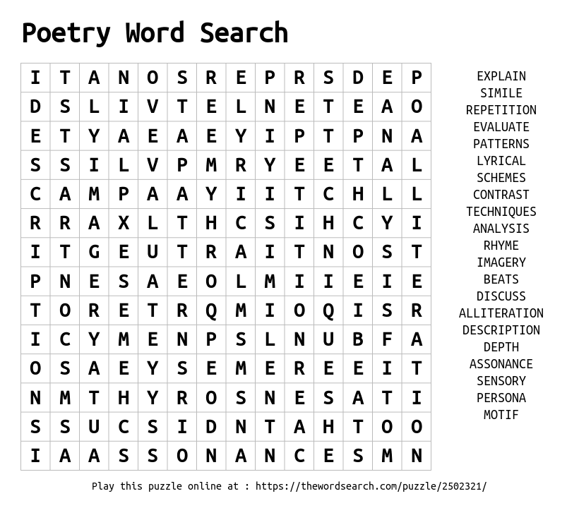 Download Word Search On Poetry Word Search