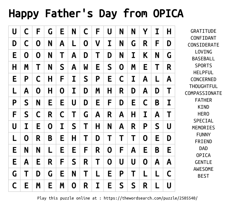 Word Search on Happy Father's Day from OPICA