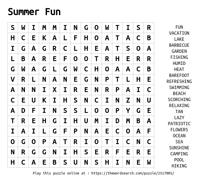 summer fun word search