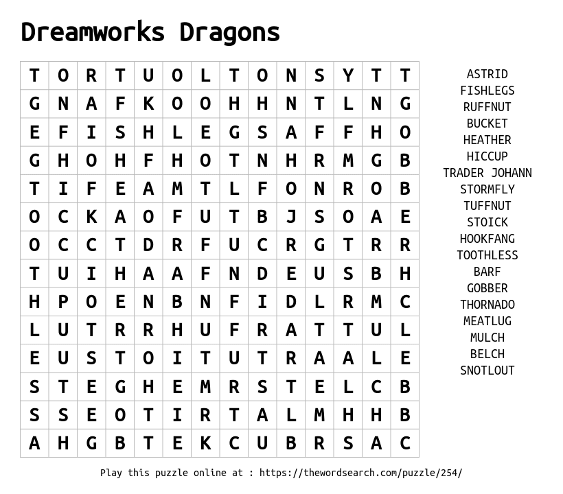 Word Search on Dreamworks Dragons