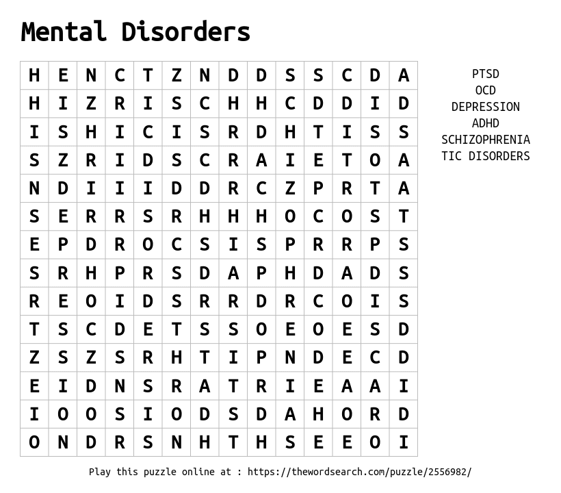 Mental Disorders Word Search