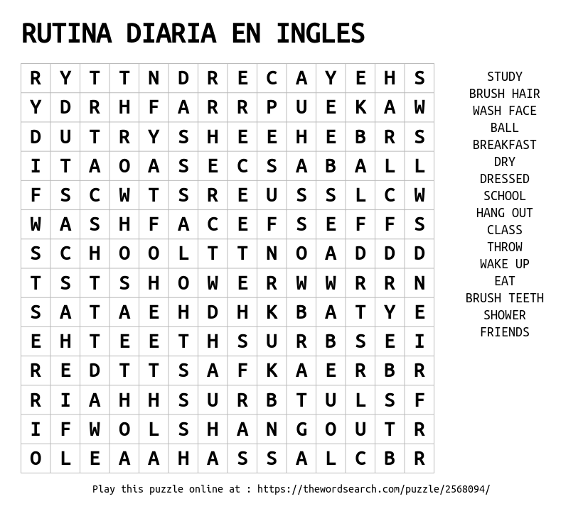 La Rutina Diaria Word Search