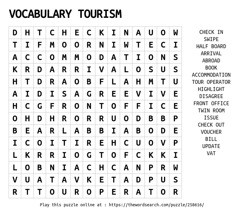 Download Word Search On VOCABULARY TOURISM