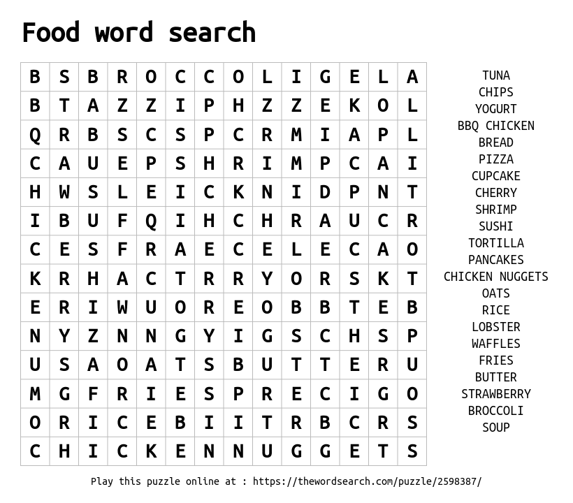 Word Search on Food word search