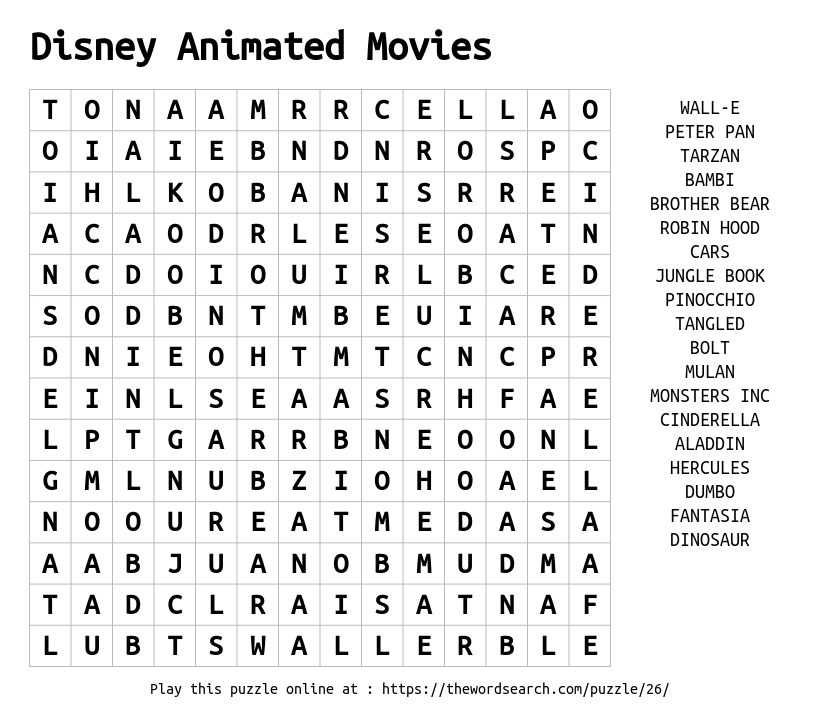 Word Search on Disney Animated Movies