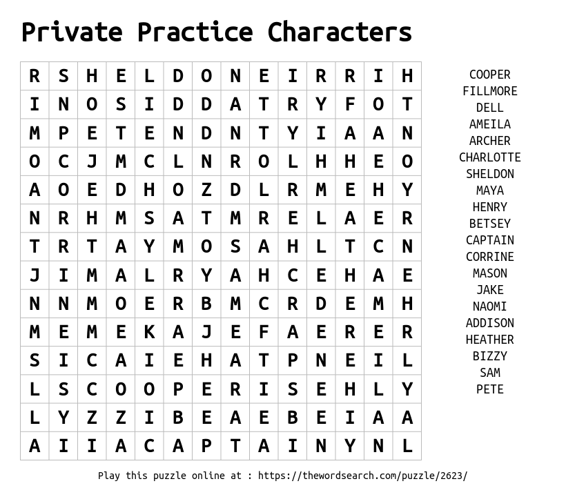 Word Search on Private Practice Characters