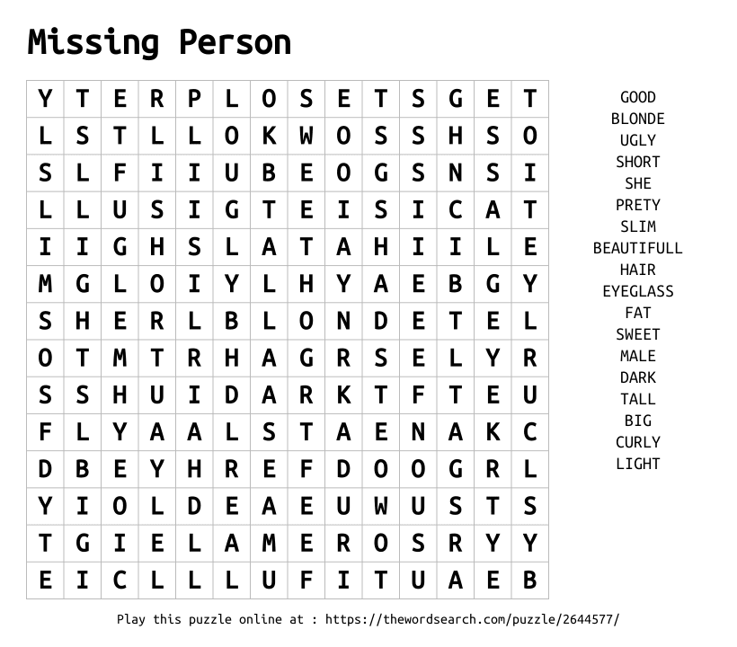 Word Search on Missing Person