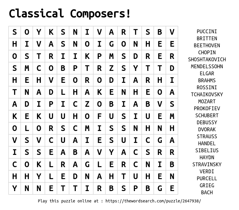 Free Mozart Word Search Printable