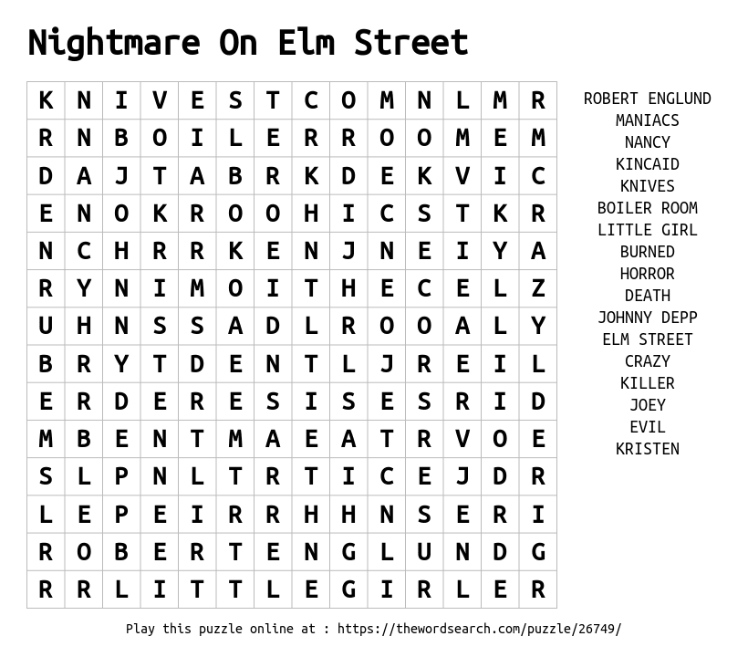 Word Search on Nightmare On Elm Street