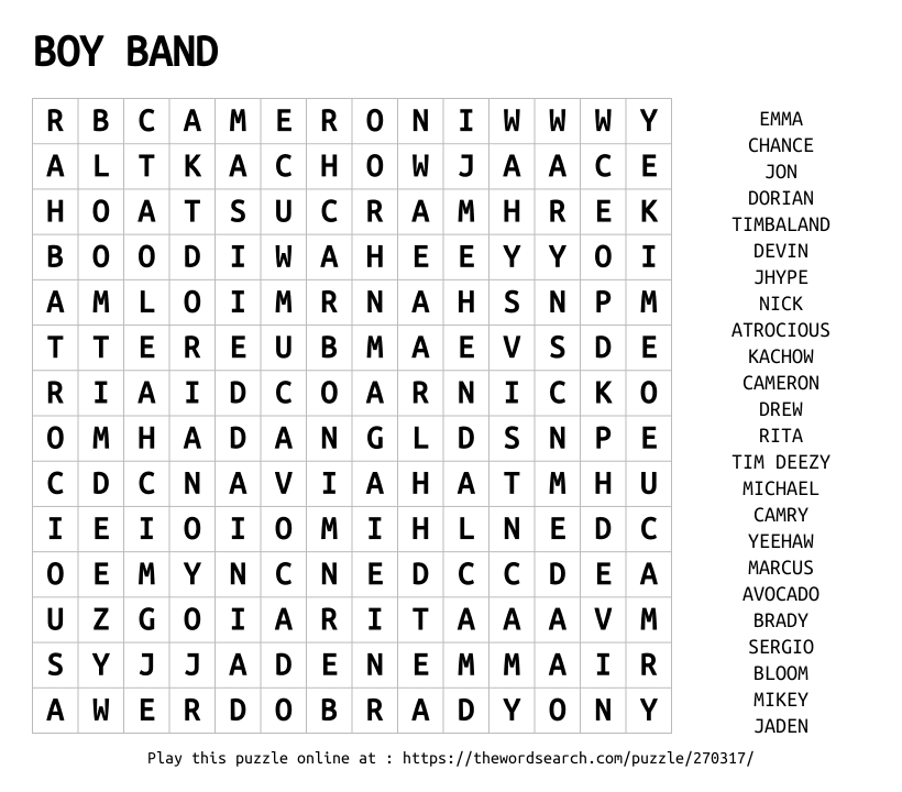 Word Search on BOY BAND 
