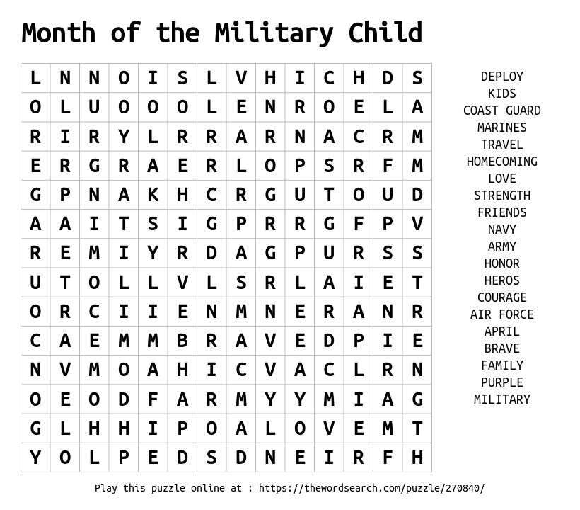 Download Word Search on Month of the Military Child
