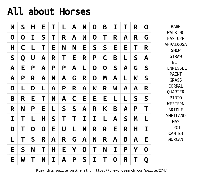 Download Word Search on All about Horses