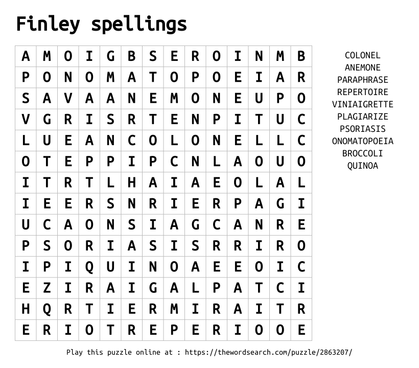 Word Search on Finley spellings