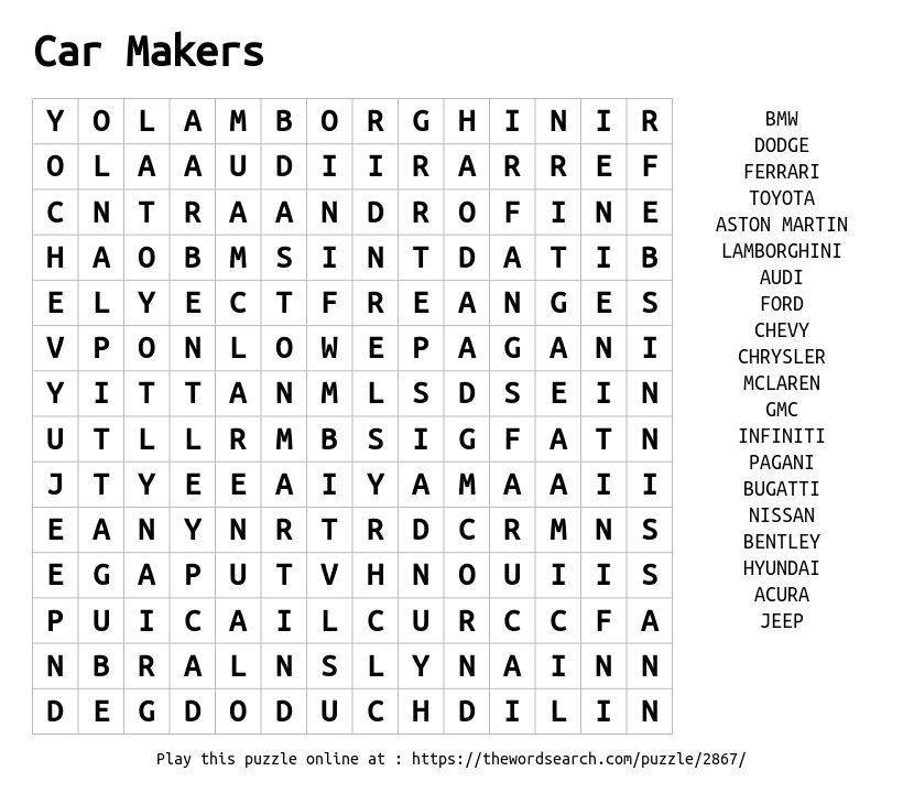 Word Search on Car Makers