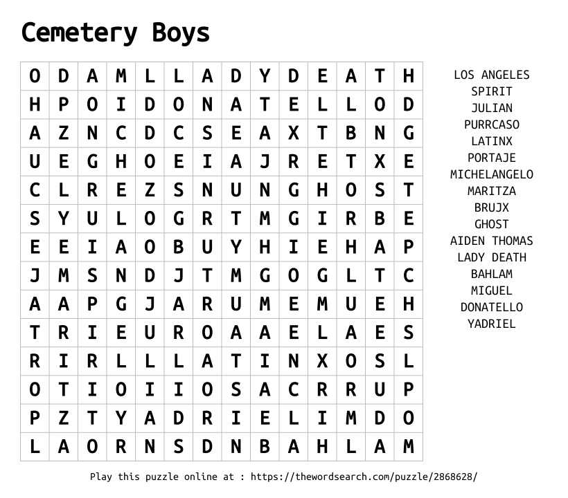 Word Search on Cemetery Boys