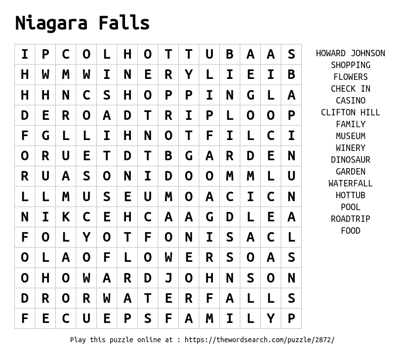 Word Search on Niagara Falls 