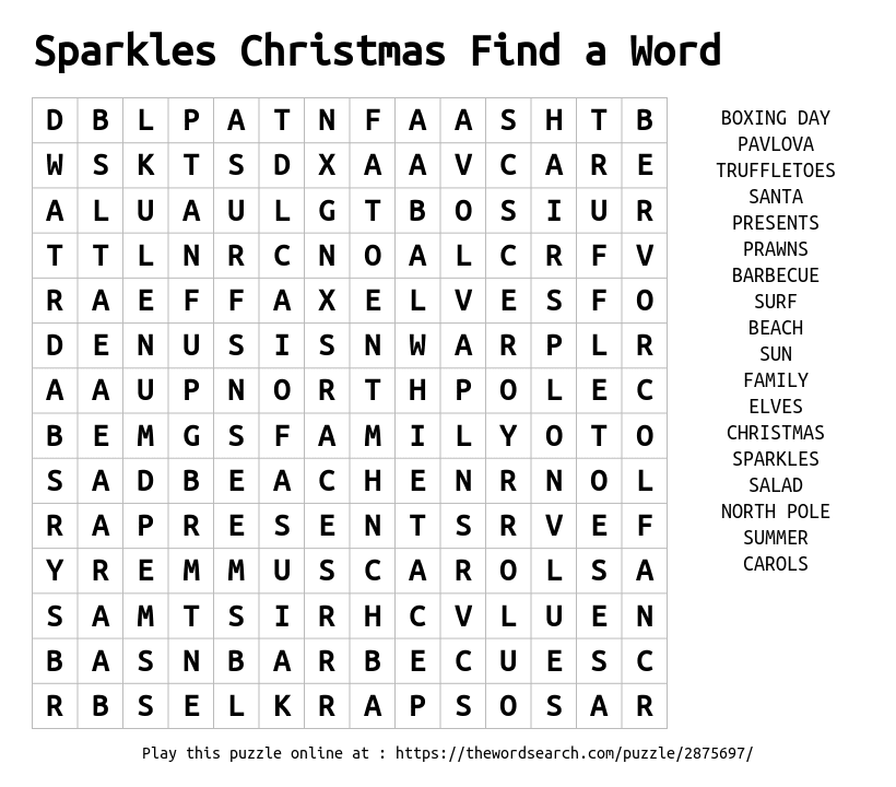 Sparkles Christmas Find a Word Word Search