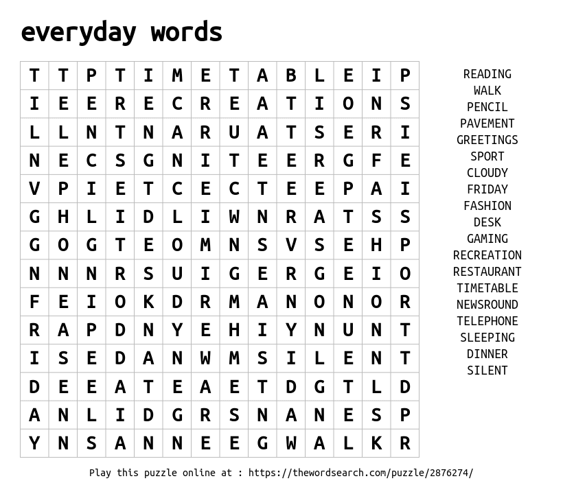 everyday words Word Search