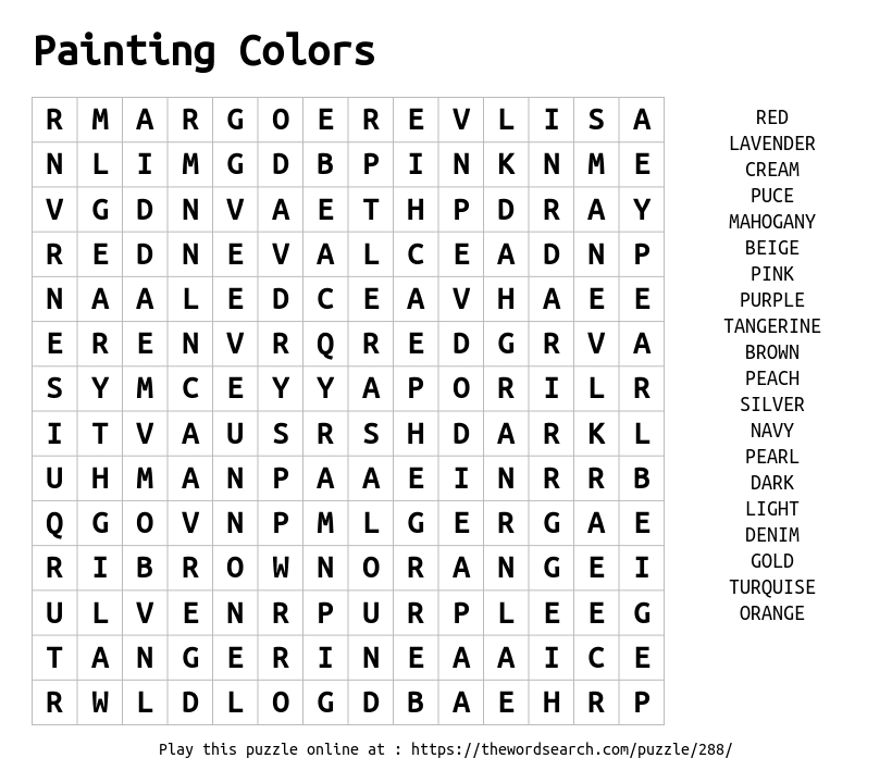 Word Search on Painting Colors