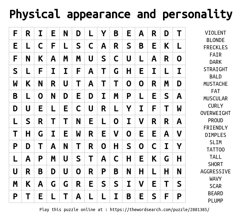 Appearance And Personality Word Search