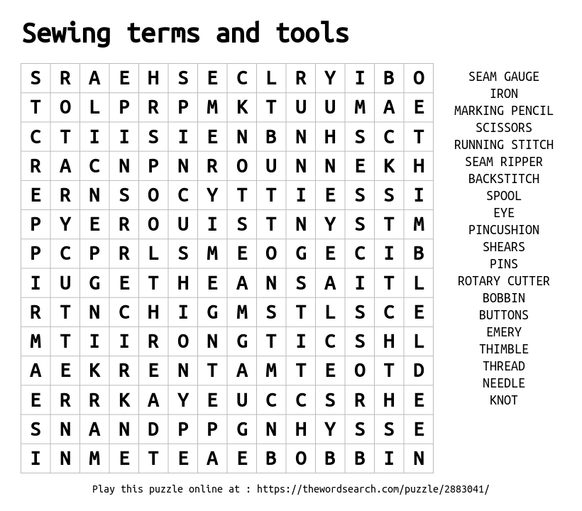 Download Word Search On Sewing Terms And Tools