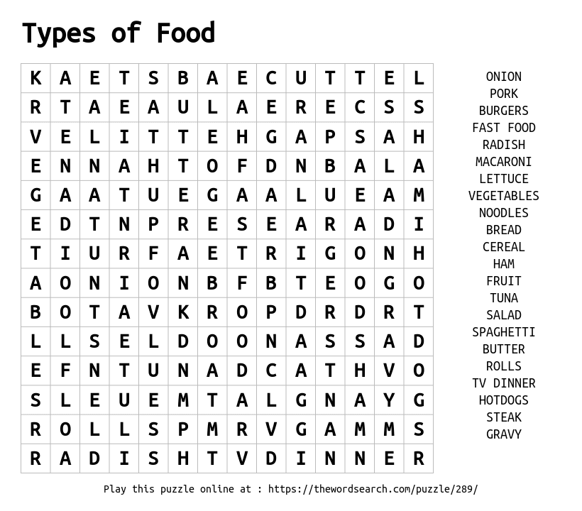 Word Search on Types of Food