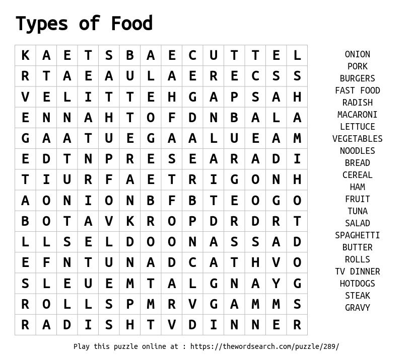 Download Word Search on Types of Food