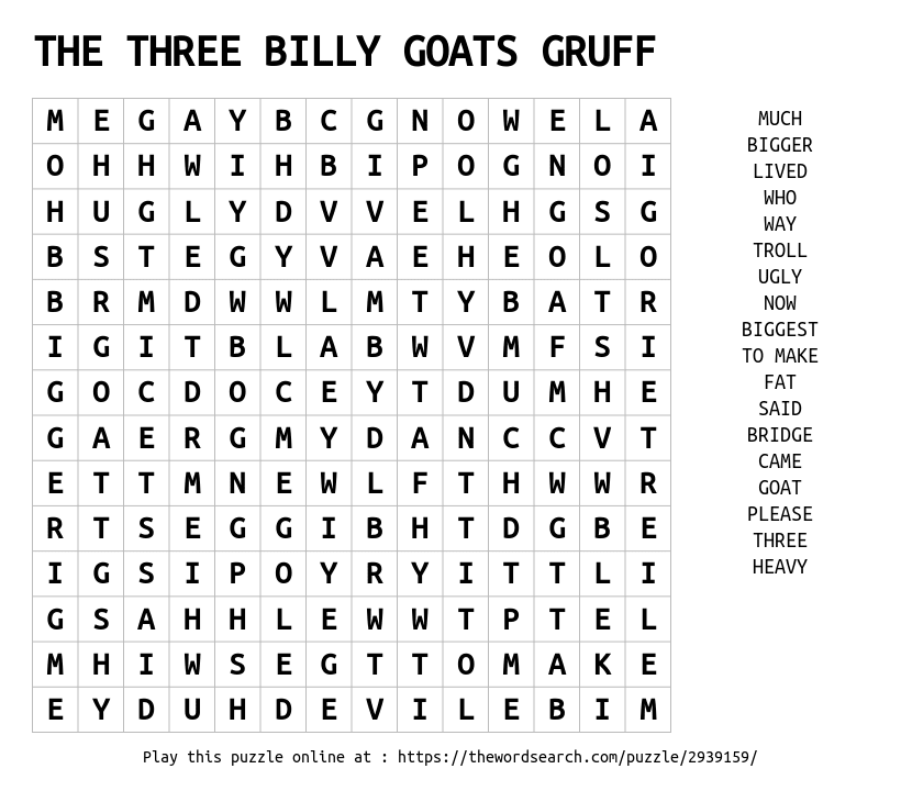 Download Word Search On THE THREE BILLY GOATS GRUFF