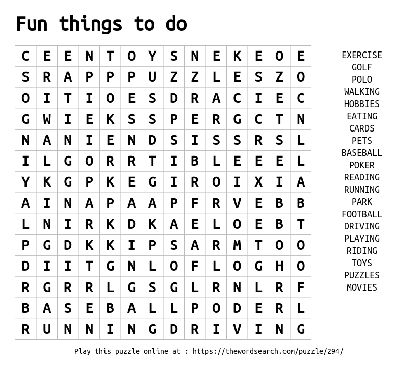 Word Search on Fun things to do