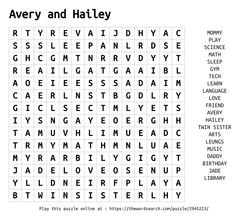 Word Search on Avery and Hailey