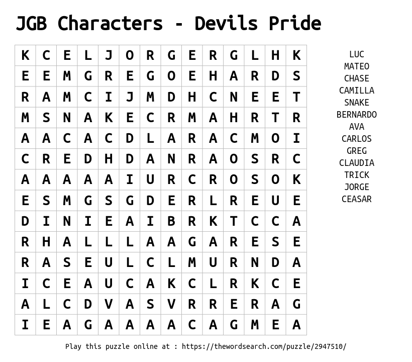 Word Search on JGB Characters - Devils Pride