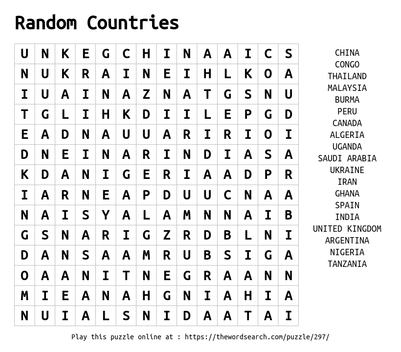 Word Search on Random Countries