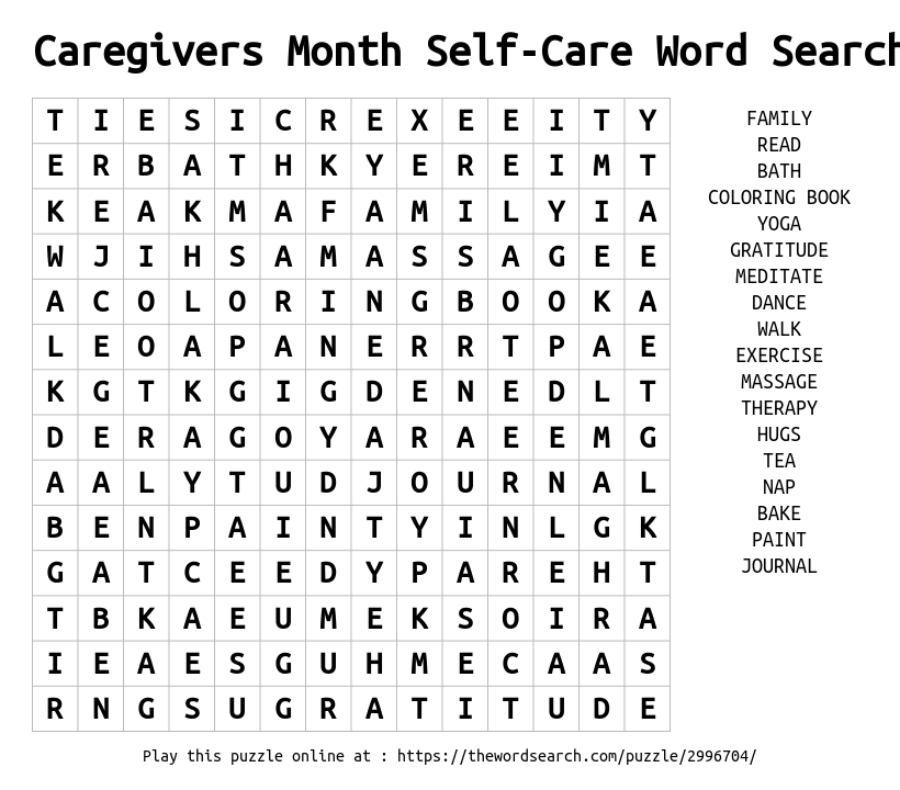 Download Word Search On Caregivers Month Self Care Word Search