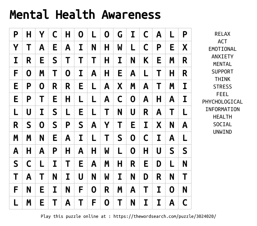 Download Word Search on Mental Health Awareness