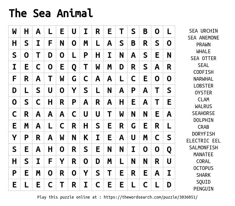 Download Word Search on The Sea Animal