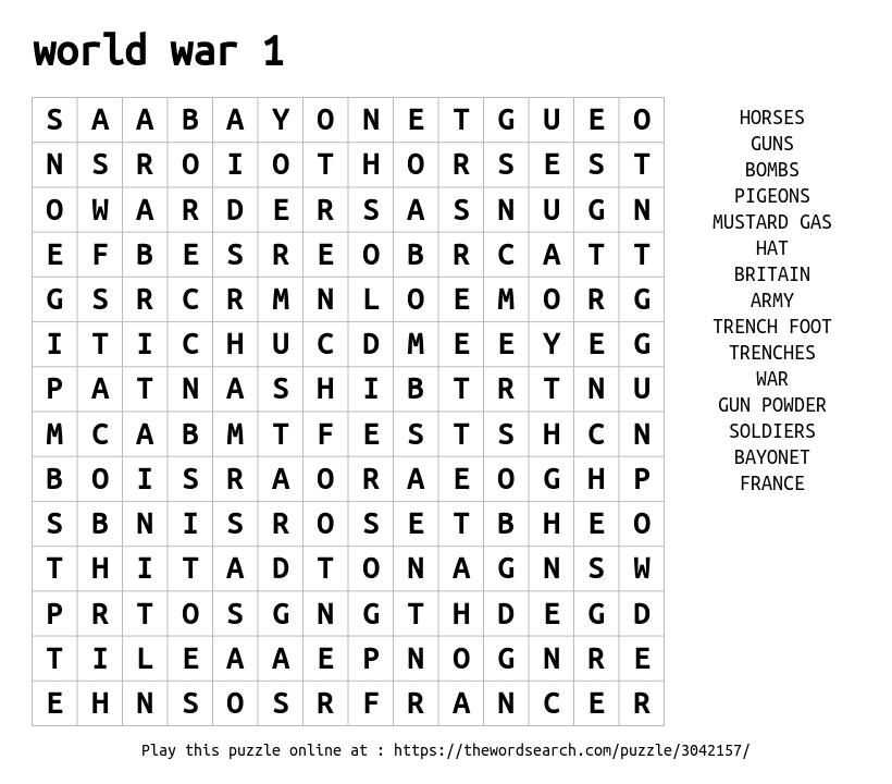 World War 1 Word Search