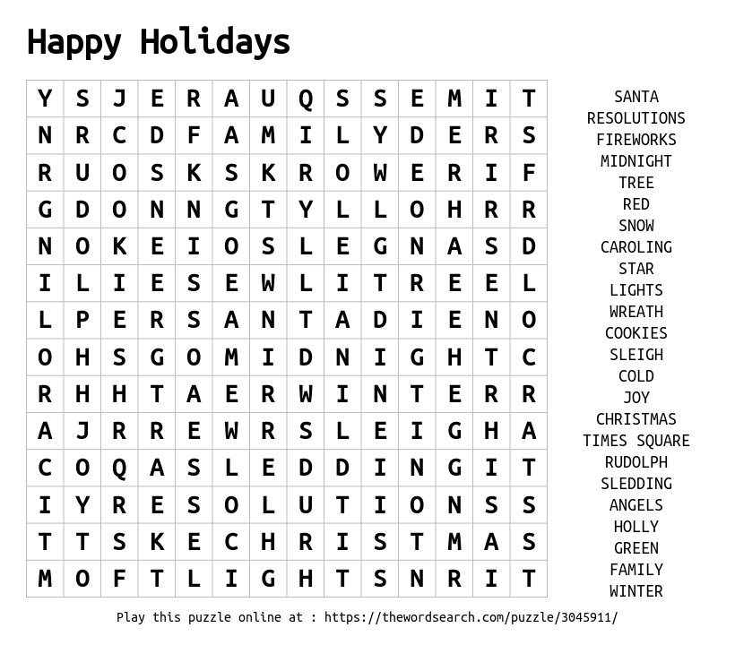 Happy Holidays Word Search